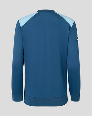 Blue sweatshirt with light blue sleeves on a gray background