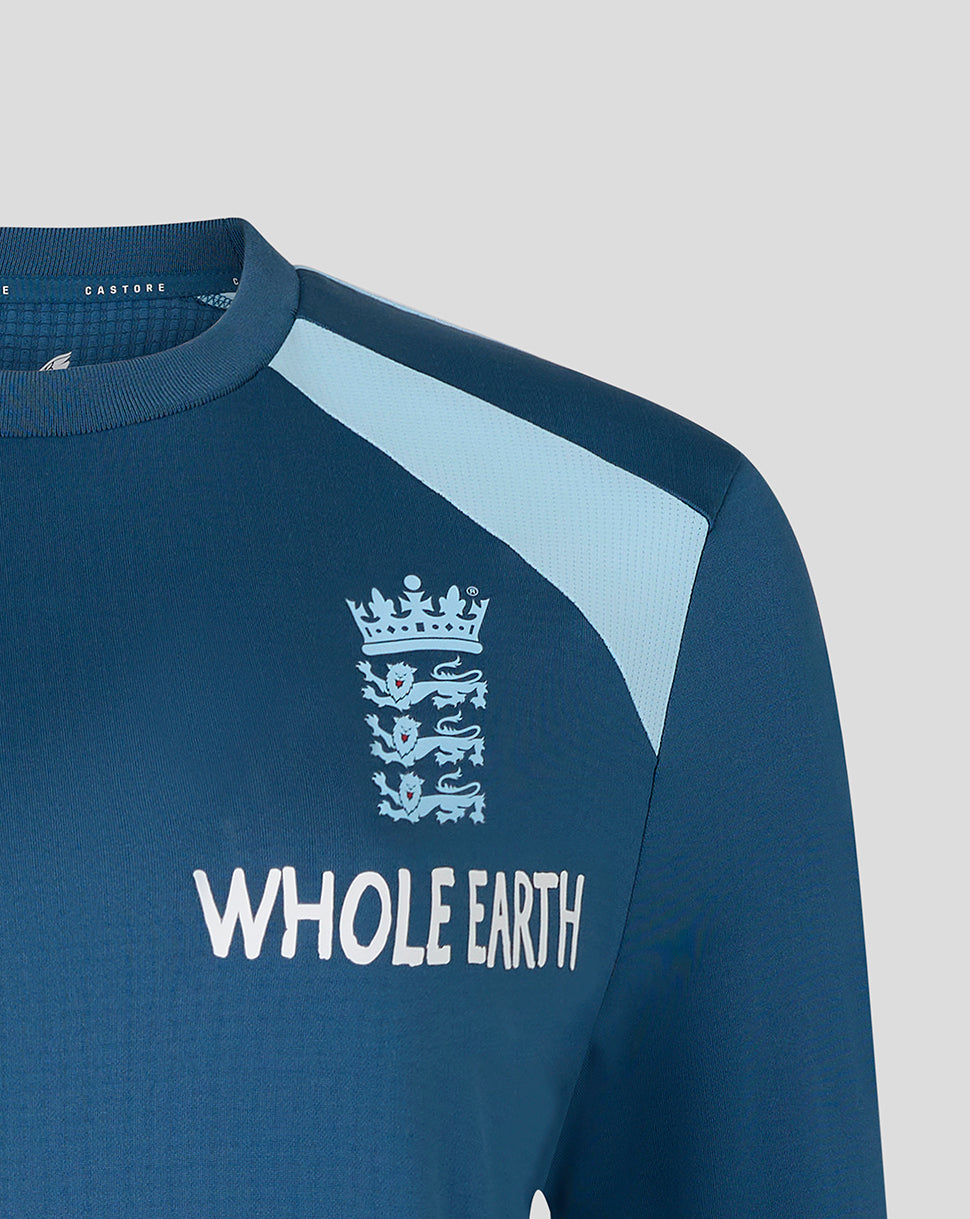 Blue sports jersey with 'Whole Earth' branding on a gray background