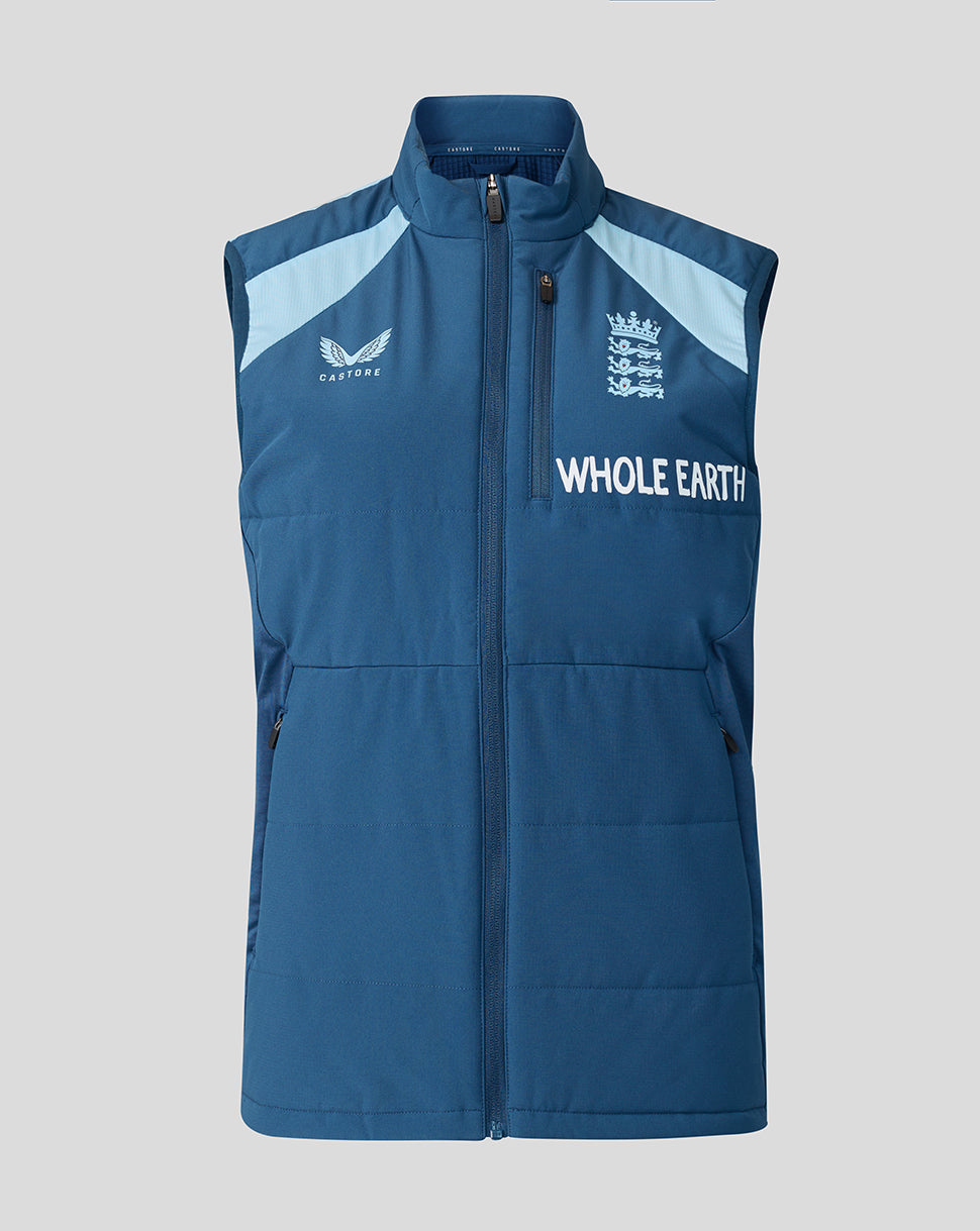Blue vest with branding on a light gray background