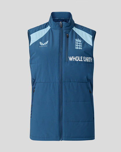 Blue vest with branding on a light gray background