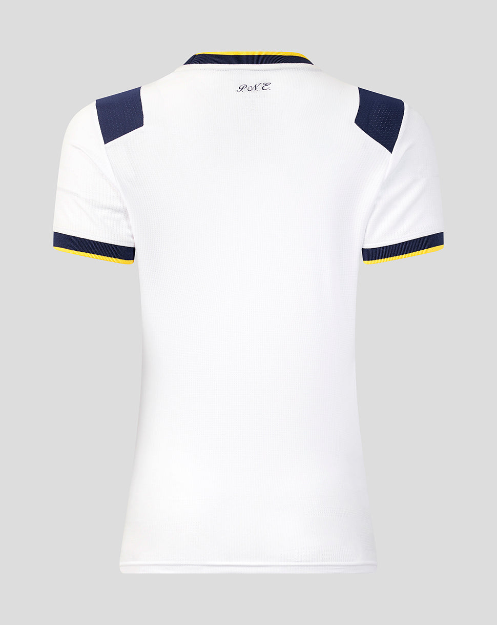 White sports jersey with navy and yellow accents on a gray background
