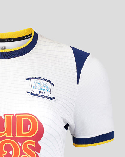 White sports jersey with colorful text and branding on a light gray background