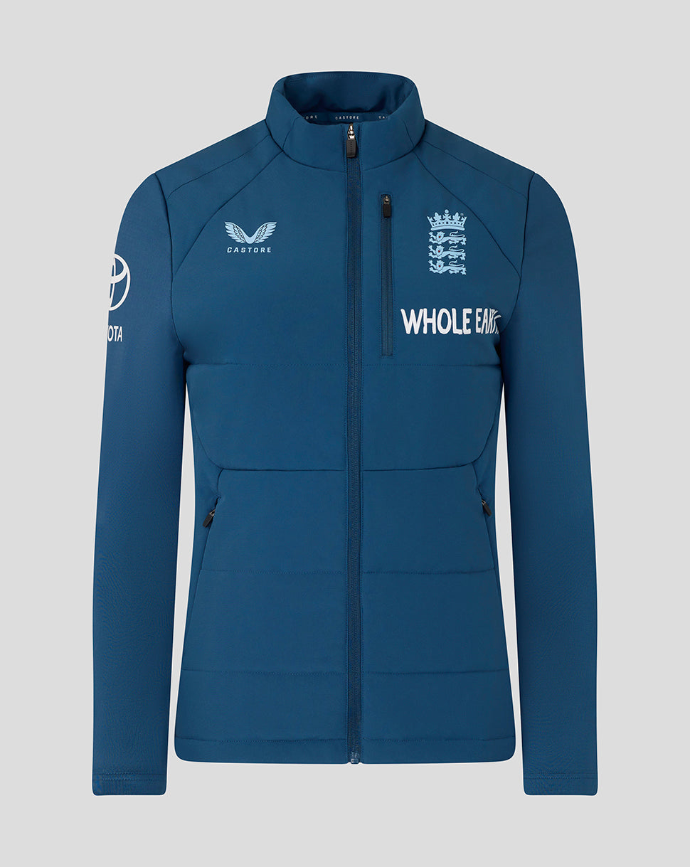 Blue jacket with branding on a gray background