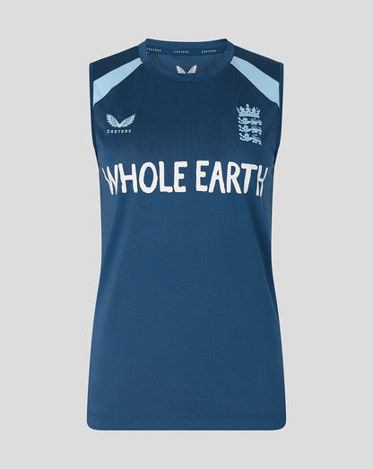 Blue sleeveless sports top with 'Whole Earth' text and logo on a gray background
