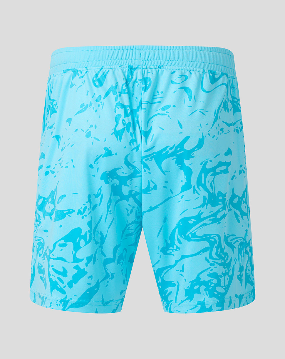 Blue shorts with a pattern on a gray background