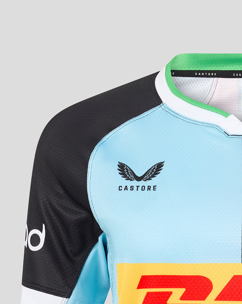 Close-up of a sports jersey with visible branding on a gray background