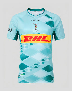 Front view of turquoise Harlequins 2026/27 Women's Away Pro Shirt with bold geometric checkerboard pattern and DHL logo.