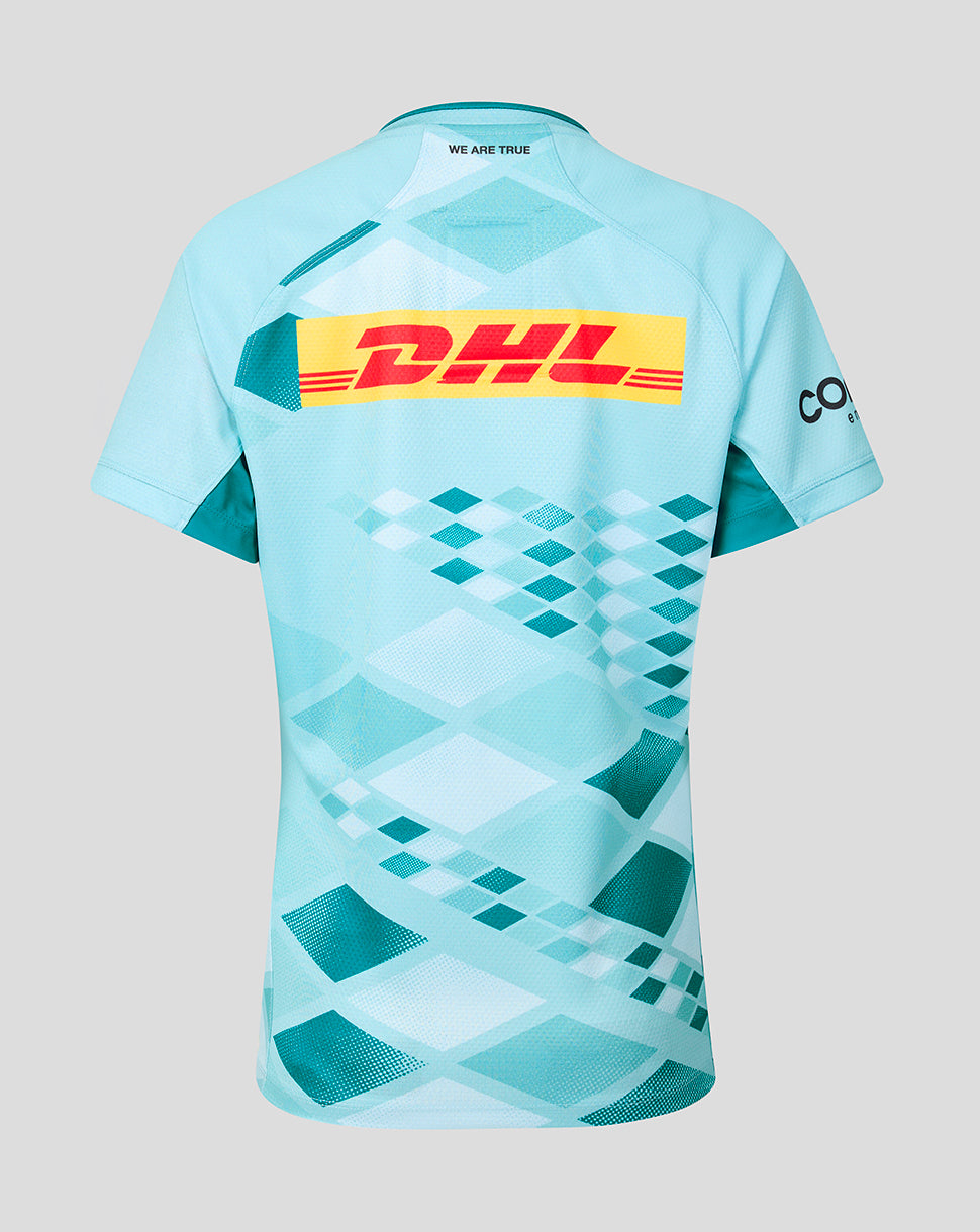 Back view of turquoise Harlequins 2026/27 Women's Away Pro Shirt with large DHL logo across the back and We Are True at the neckline.