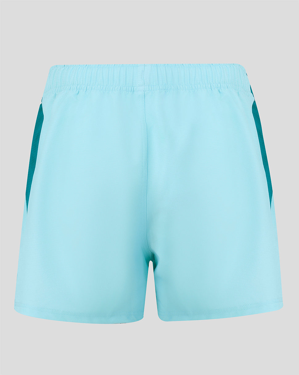 Back view of Harlequins 2026/27 Away Pro Shorts in light turquoise with an elastic waistband.