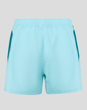 Back view of Harlequins 2026/27 Away Pro Shorts in light turquoise with an elastic waistband.