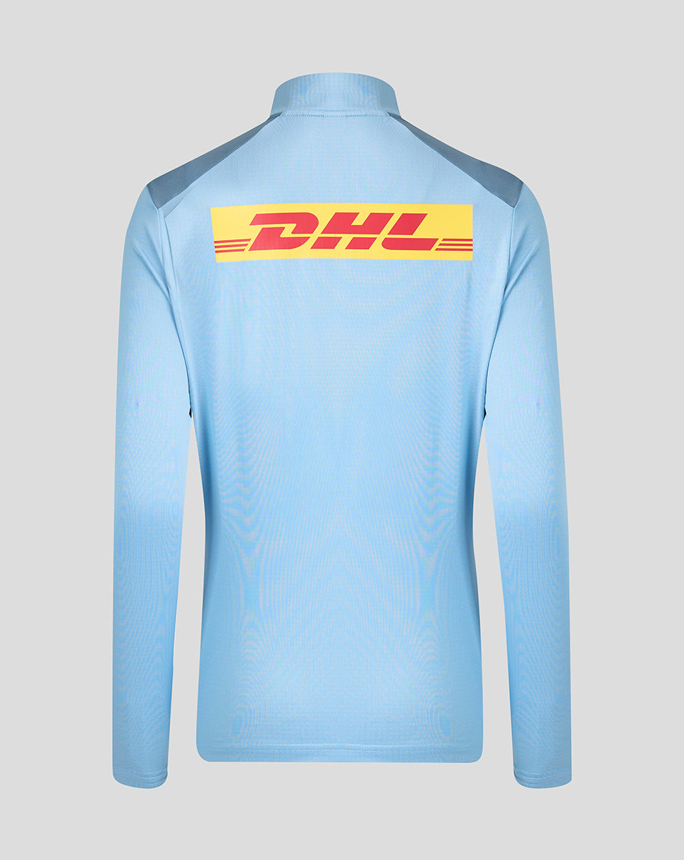 Light blue long-sleeve shirt with DHL logo on the back against a gray background