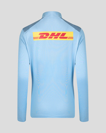 Light blue long-sleeve shirt with DHL logo on the back against a gray background