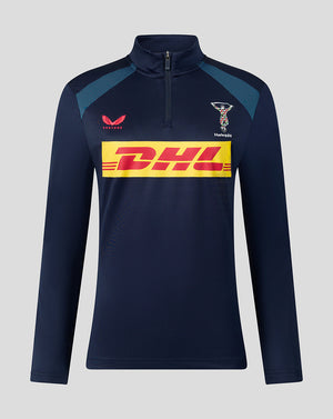 Navy long-sleeve athletic top with DHL logo on a light gray background