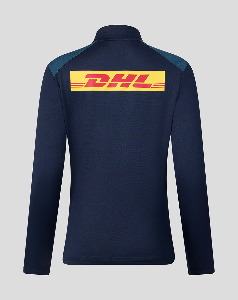 Navy long-sleeve shirt with DHL logo on the back against a light gray background