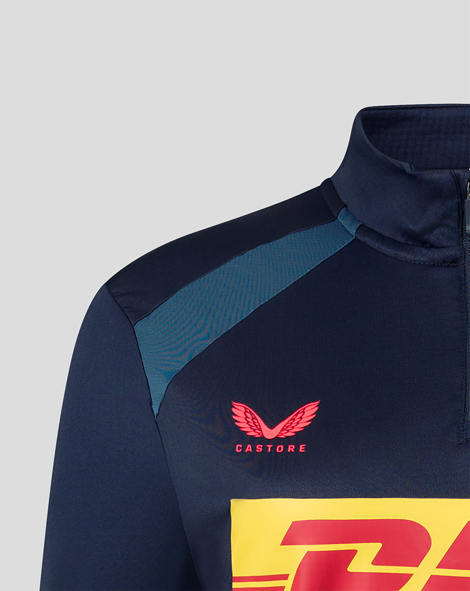 Navy and teal sports jacket with red and yellow branding on a light gray background