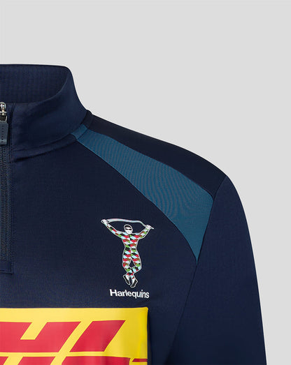 Navy sports jacket with Harlequins logo and DHL branding on a gray background