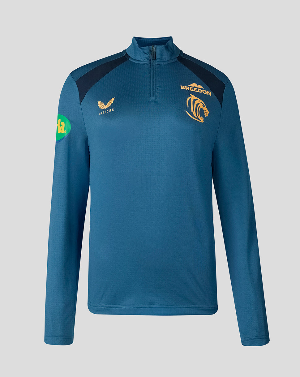 Blue Leicester Tigers training quarter zip top with a half zip and thumbhole cuffs