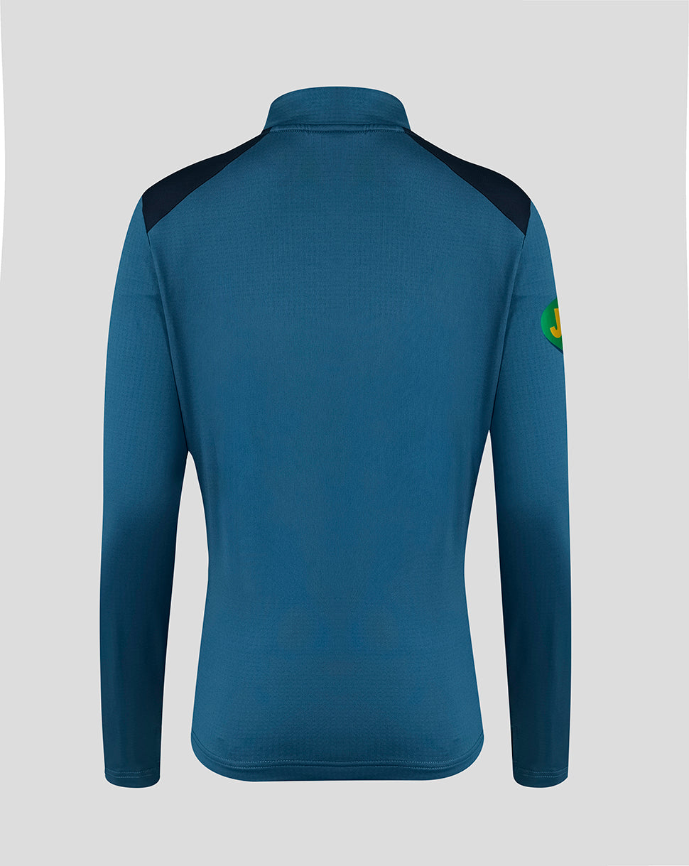 Back view of blue Leicester Tigers training quarter zip top with shoulder panels.