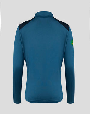 Back view of blue Leicester Tigers training quarter zip top with shoulder panels.
