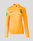 Front view of orange Leicester Tigers training quarter zip top with chest branding and a green sleeve patch.