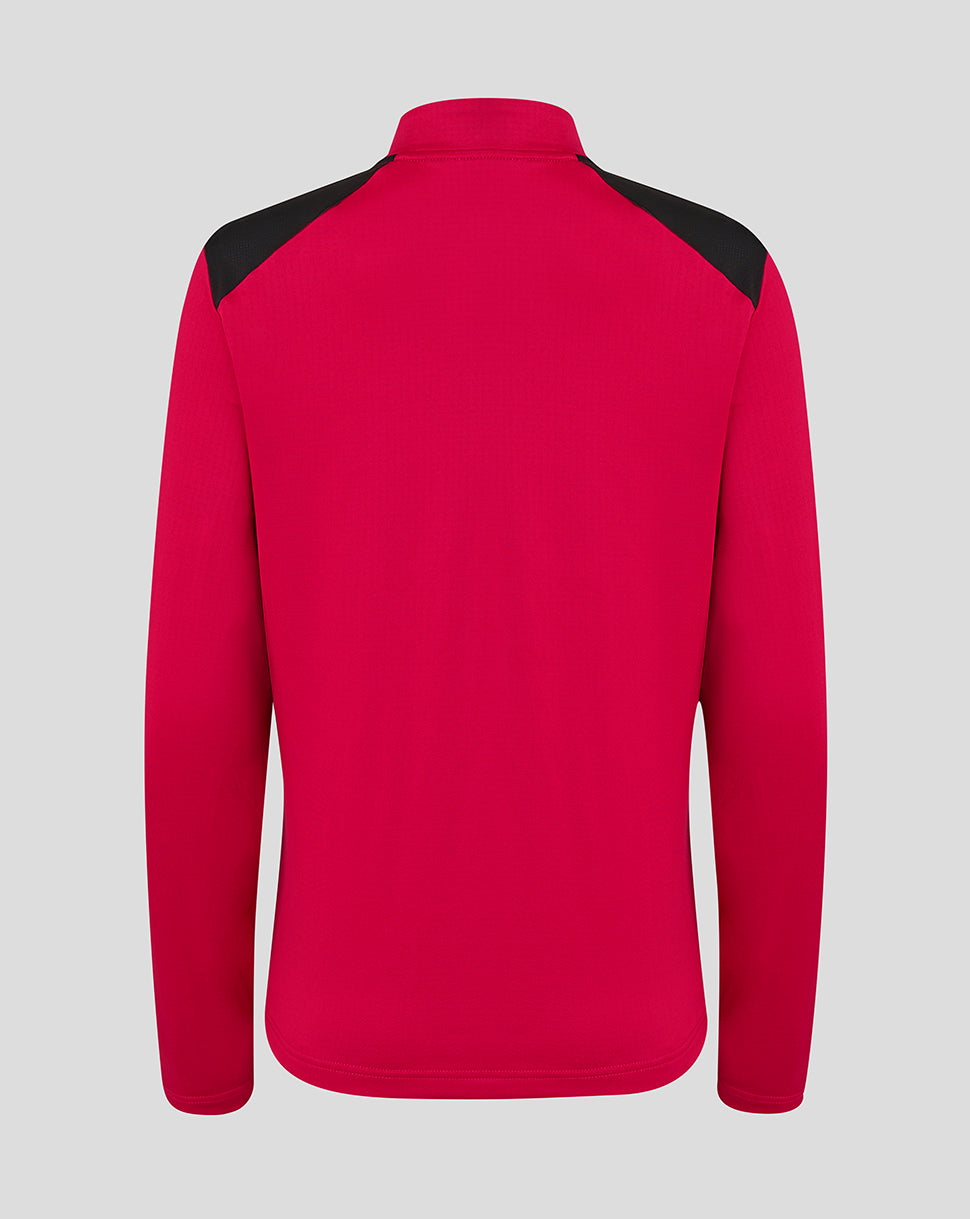 Red fleece jacket with black shoulders on a light gray background