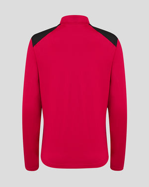 Red fleece jacket with black shoulders on a light gray background