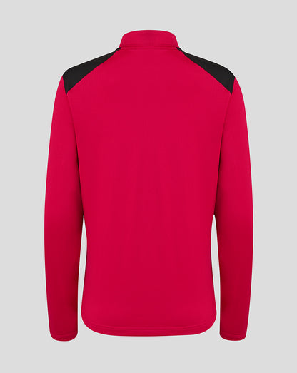 Red fleece jacket with black shoulders on a light gray background