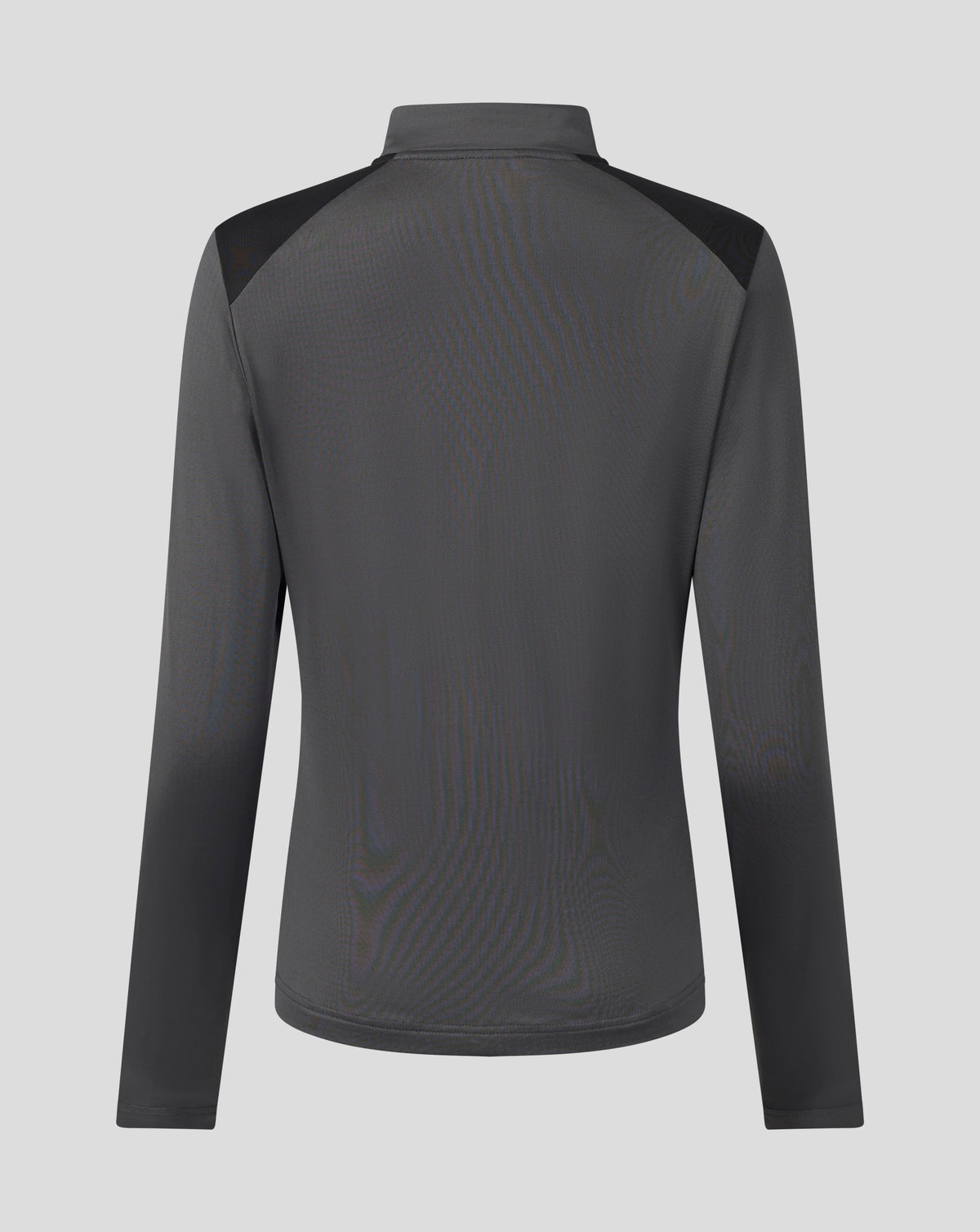 A dark gray long-sleeve athletic top with black shoulder panels, shown from the back on a light gray background.