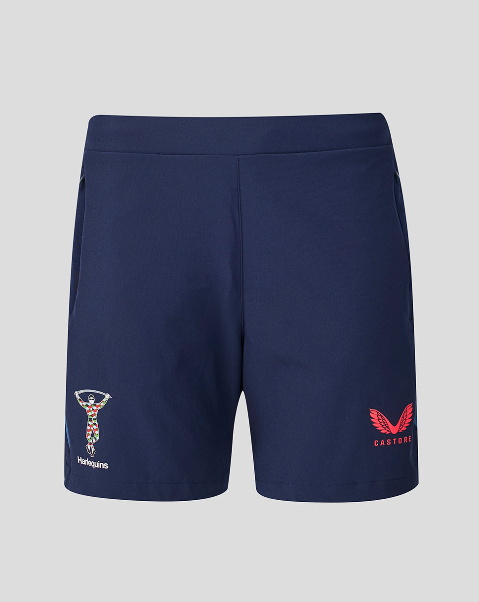 Navy blue shorts with logos on a light gray background