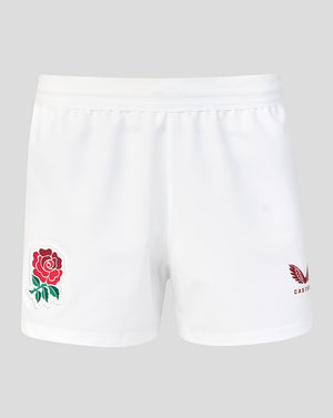 White shorts with a red rose emblem on a gray background