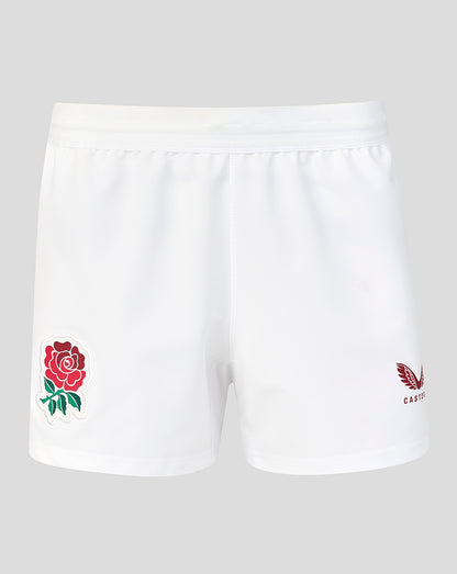 White shorts with a red rose emblem on a gray background