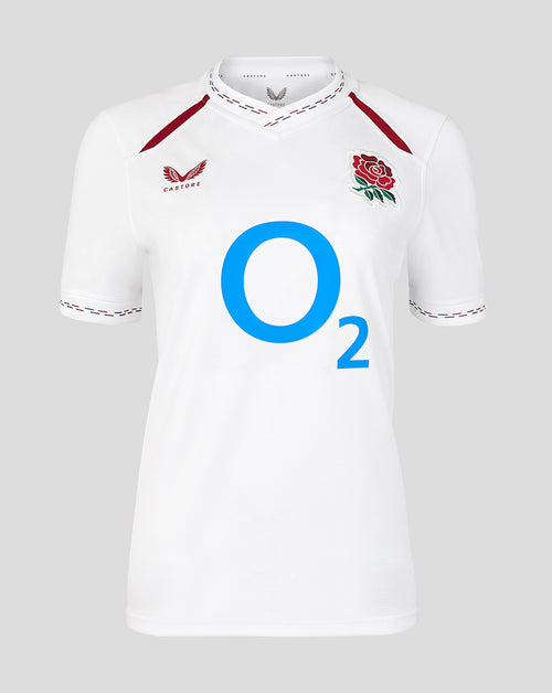 White sports jersey with blue 'O2' logo and red rose emblem on a light gray background