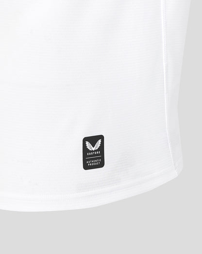 White t-shirt with a black logo on a white background