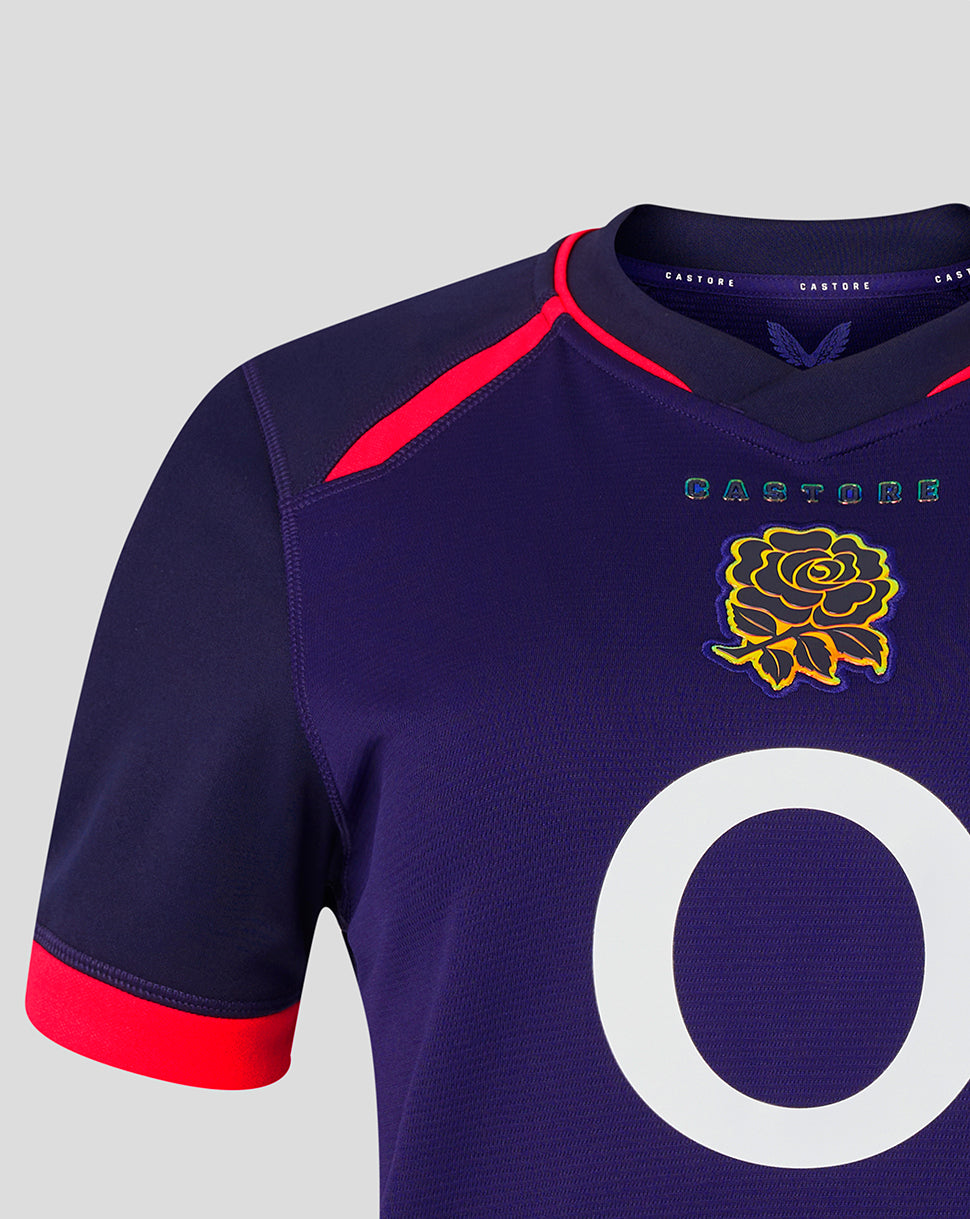Navy blue sports jersey with red accents and a yellow rose emblem on a gray background