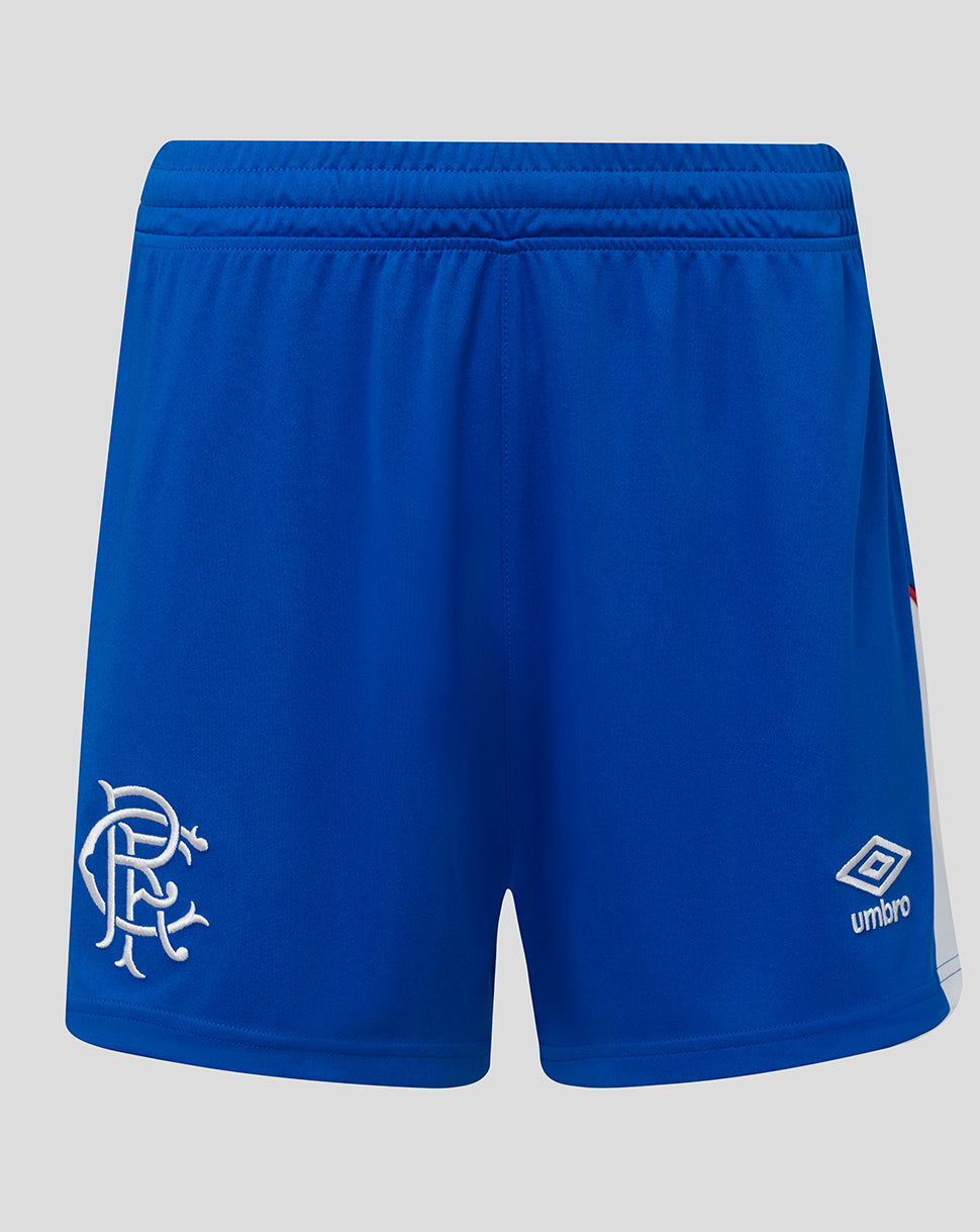Blue shorts with a logo and brand name on a gray background