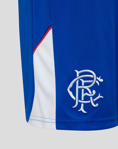 Blue sports shorts with a logo on a white background