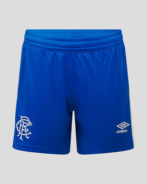 Blue shorts with a logo on a gray background