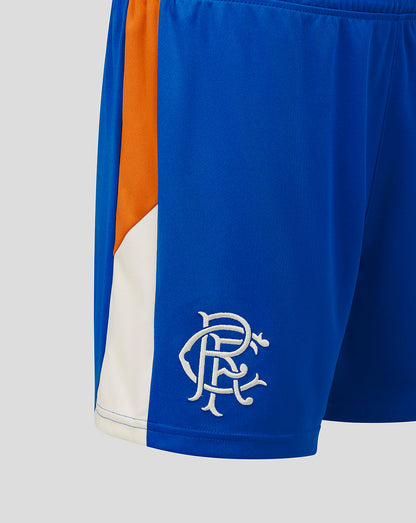 Blue shorts with orange and white accents featuring a logo on a light gray background