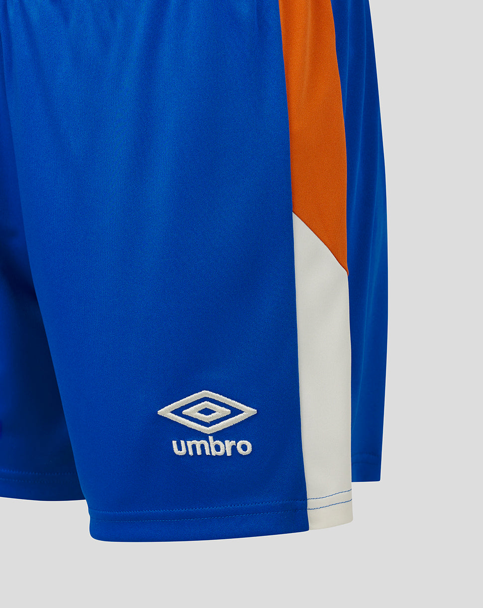 Blue sports shorts with orange and white accents and Umbro logo on a light gray background