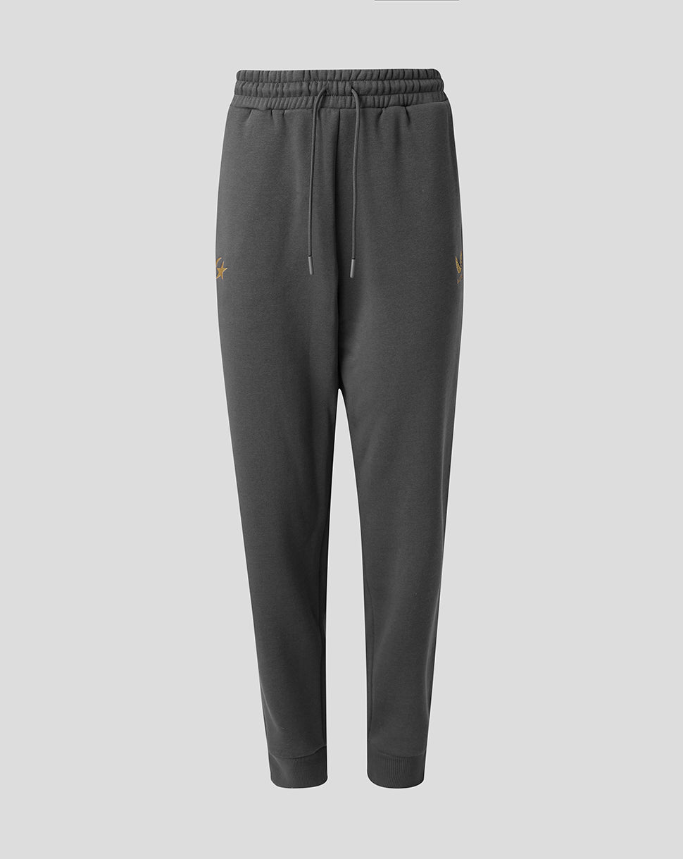 Front view of grey Saracens Travel Adapt fleece joggers with a drawstring waist and zip pockets