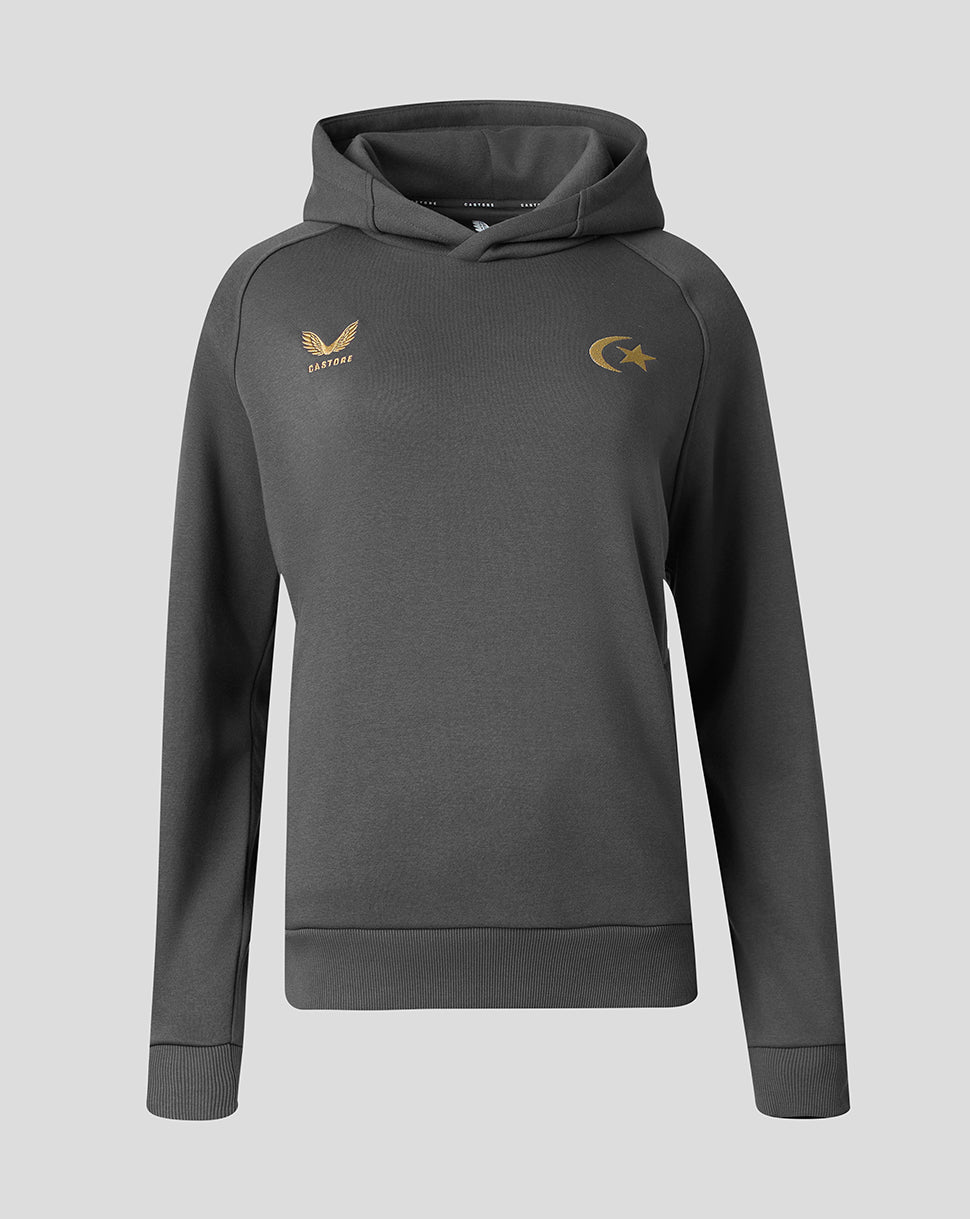 Grey Saracens Travel Hoodie with gold crest on the chest raglan sleeves and front pockets