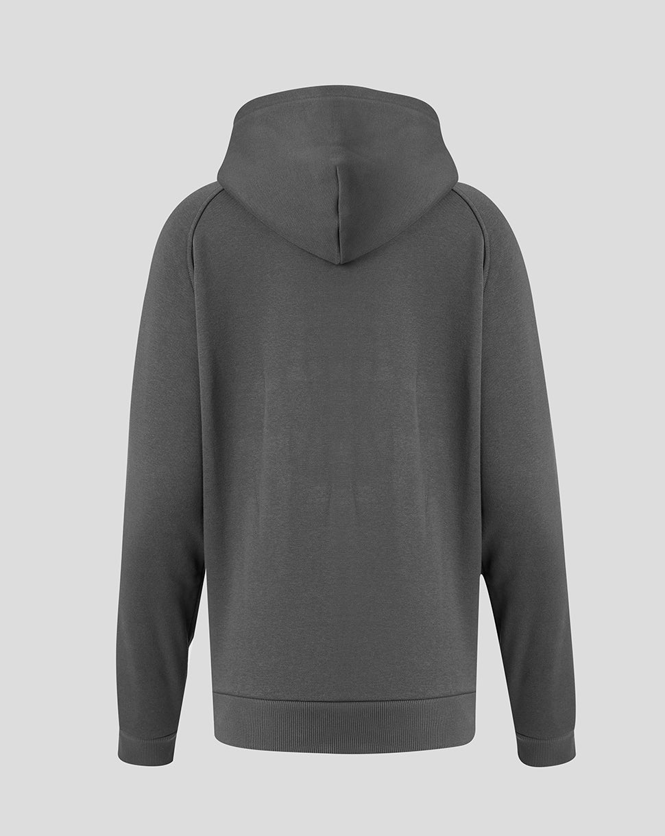 Back view of grey Saracens Travel Adapt fleece hoodie with relaxed fit and ribbed hem