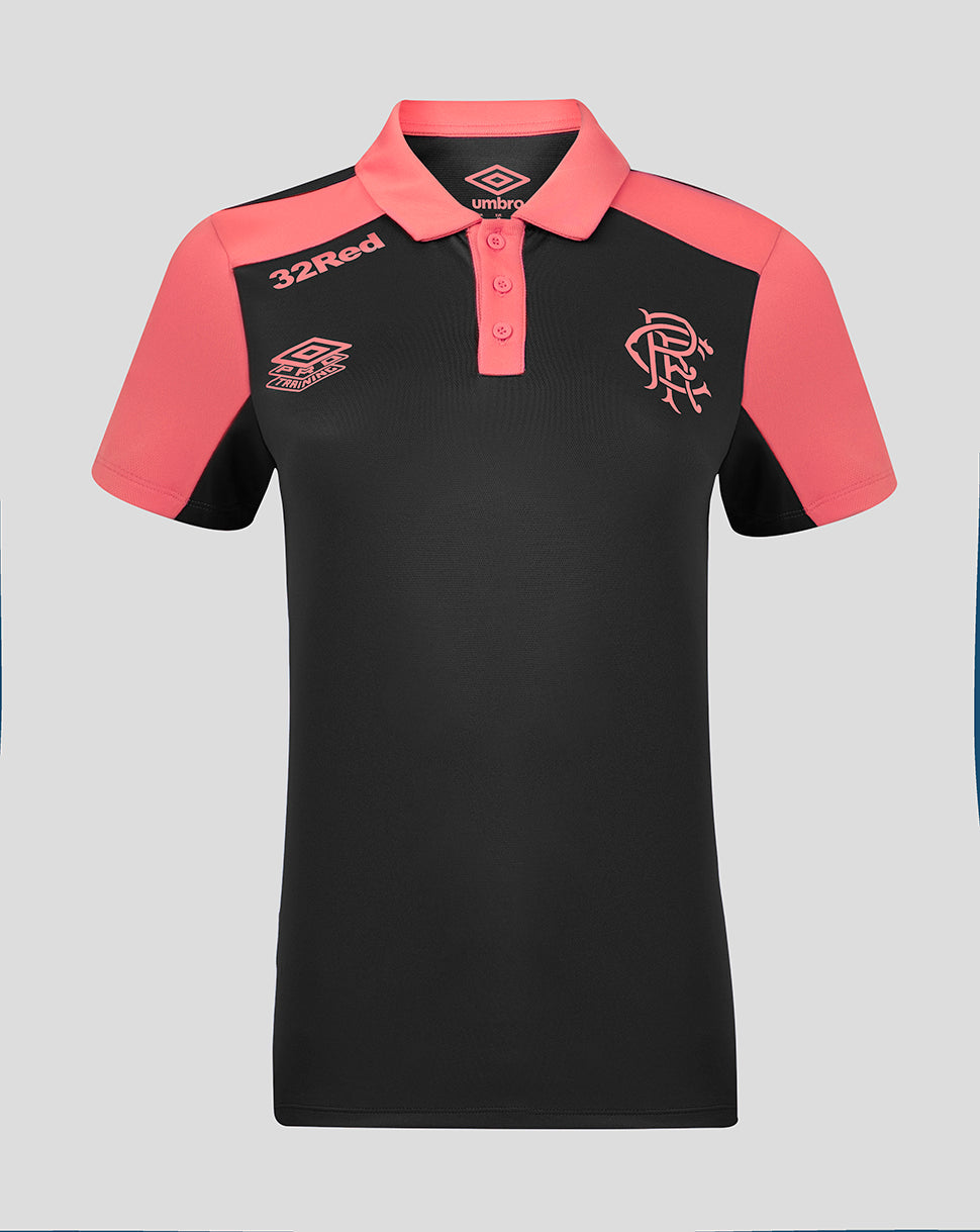 Black and pink polo shirt with logos on a gray background