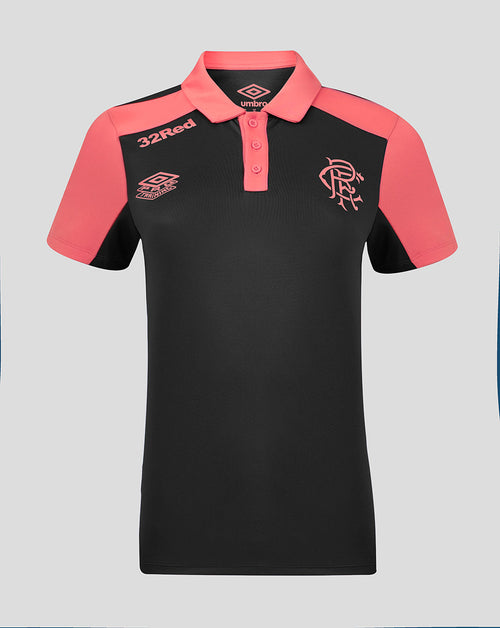 Black and pink polo shirt with logos on a gray background