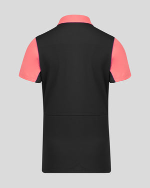 Black t-shirt with pink sleeves on a gray background