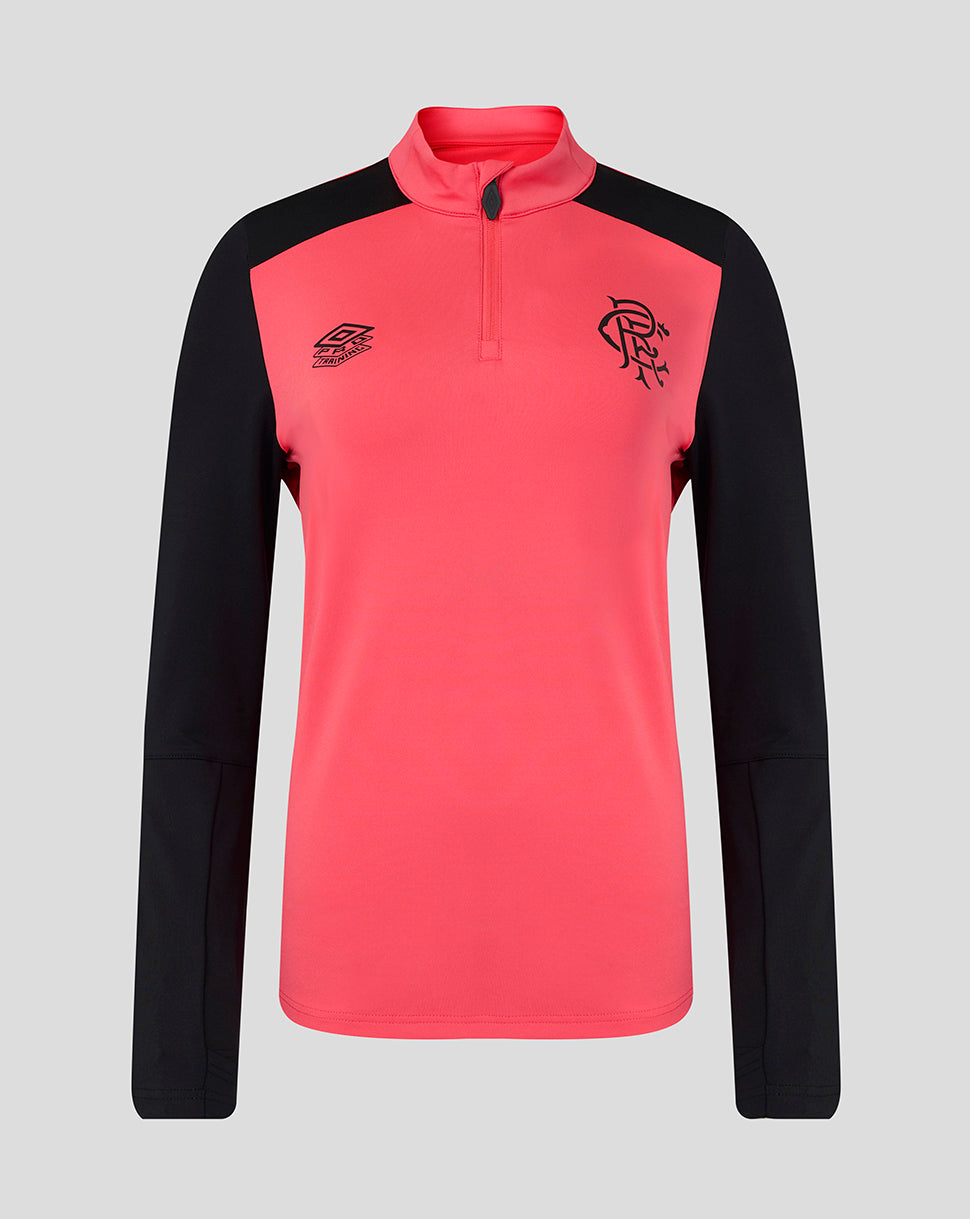 Pink and black long-sleeve sports top with a logo on a light gray background