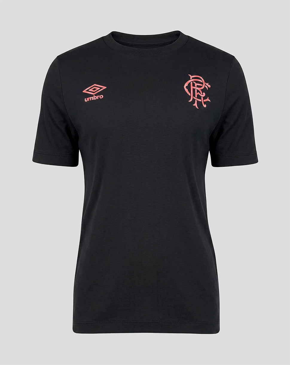 Black t-shirt with red logo and Umbro branding on a gray background