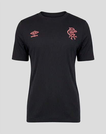Black t-shirt with red logo and Umbro branding on a gray background