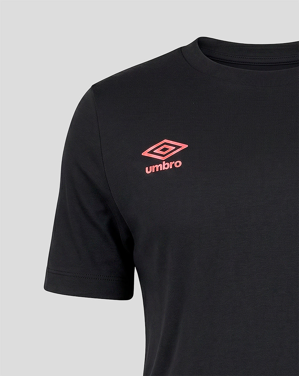 Black t-shirt with pink Umbro logo on a light gray background