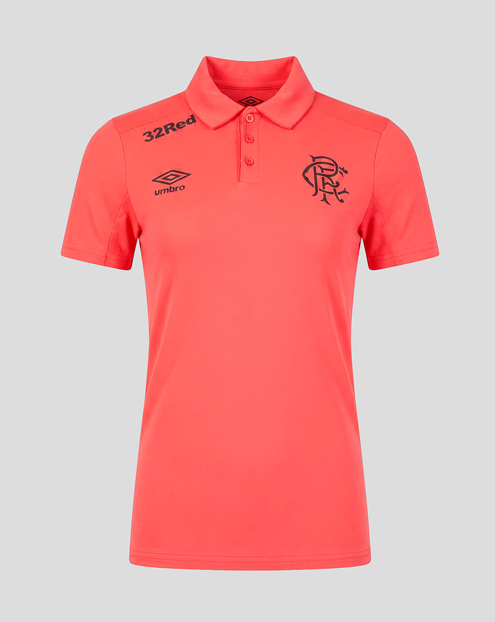 Red polo shirt with branding on a gray background